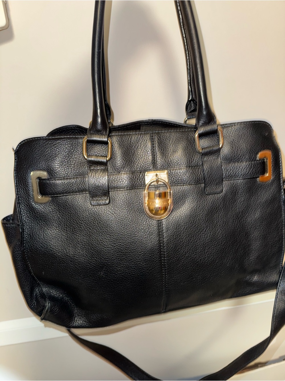 Calvin Klein Black Leather Tote Bag with Gold Hardware